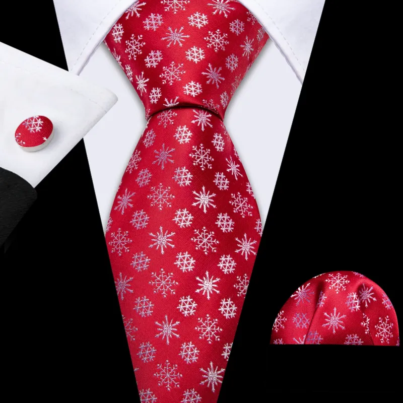Barry.Wang Christmas Tie Red White Snowflake Men's Tie Pocket Square Cufflinks Set sold by Barrywang