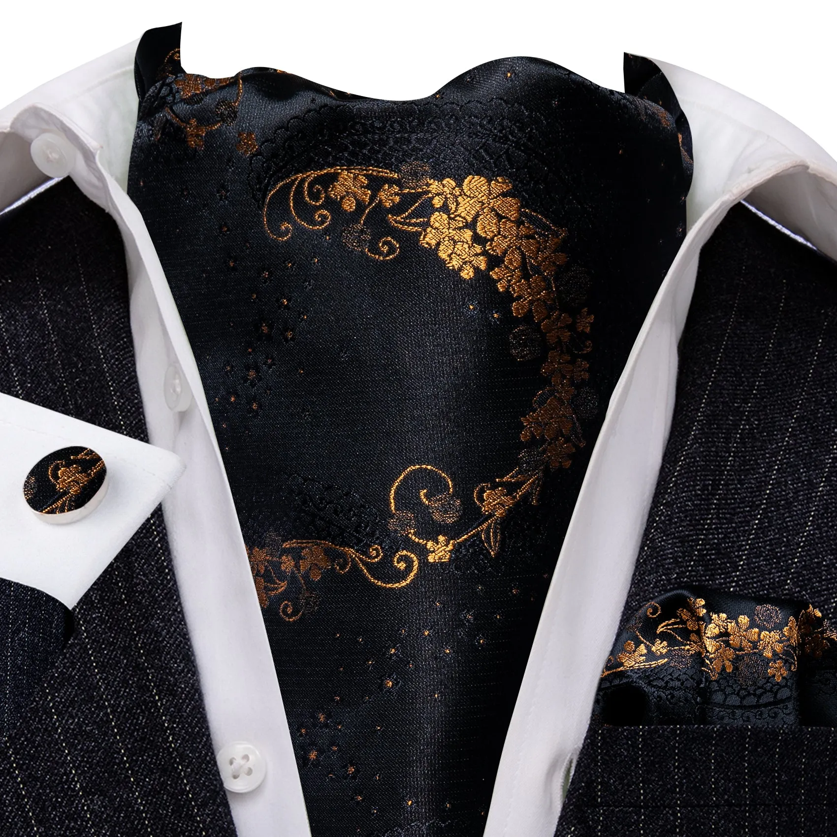 Barry. Wang Men Tie Black Gold Paisley Ascot Handkerchief Cufflinks Set sold by Barrywang product image thumbnail 2
