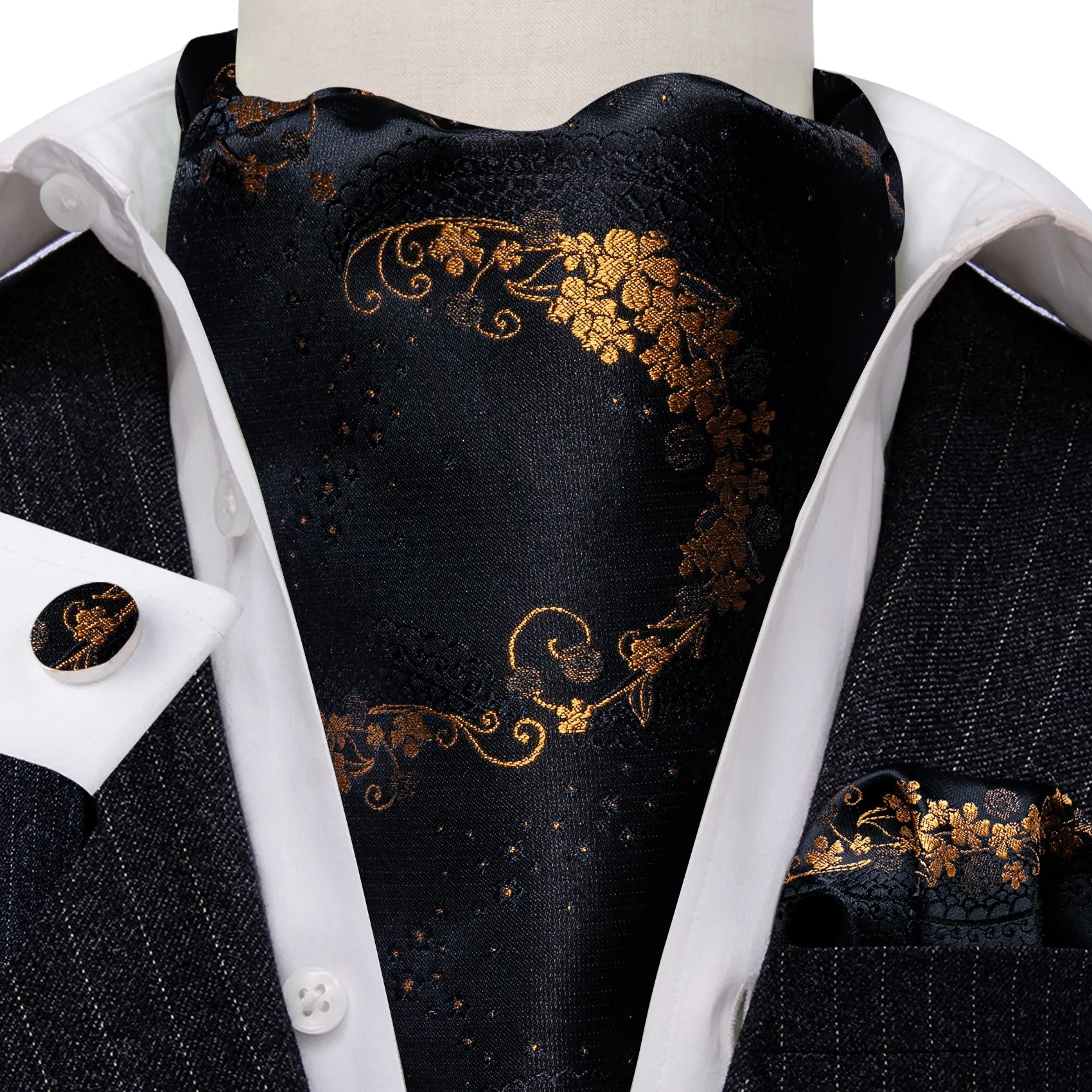 Barry. Wang Men Tie Black Gold Paisley Ascot Handkerchief Cufflinks Set sold by Barrywang