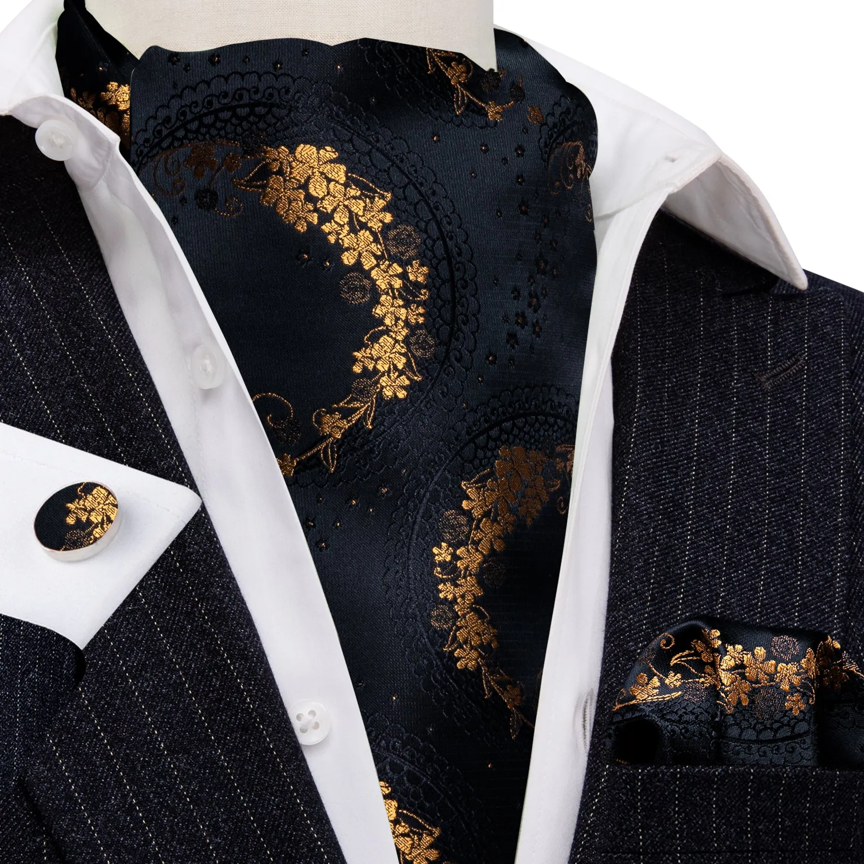 Barry. Wang Men Tie Black Gold Paisley Ascot Handkerchief Cufflinks Set sold by Barrywang product image thumbnail 3