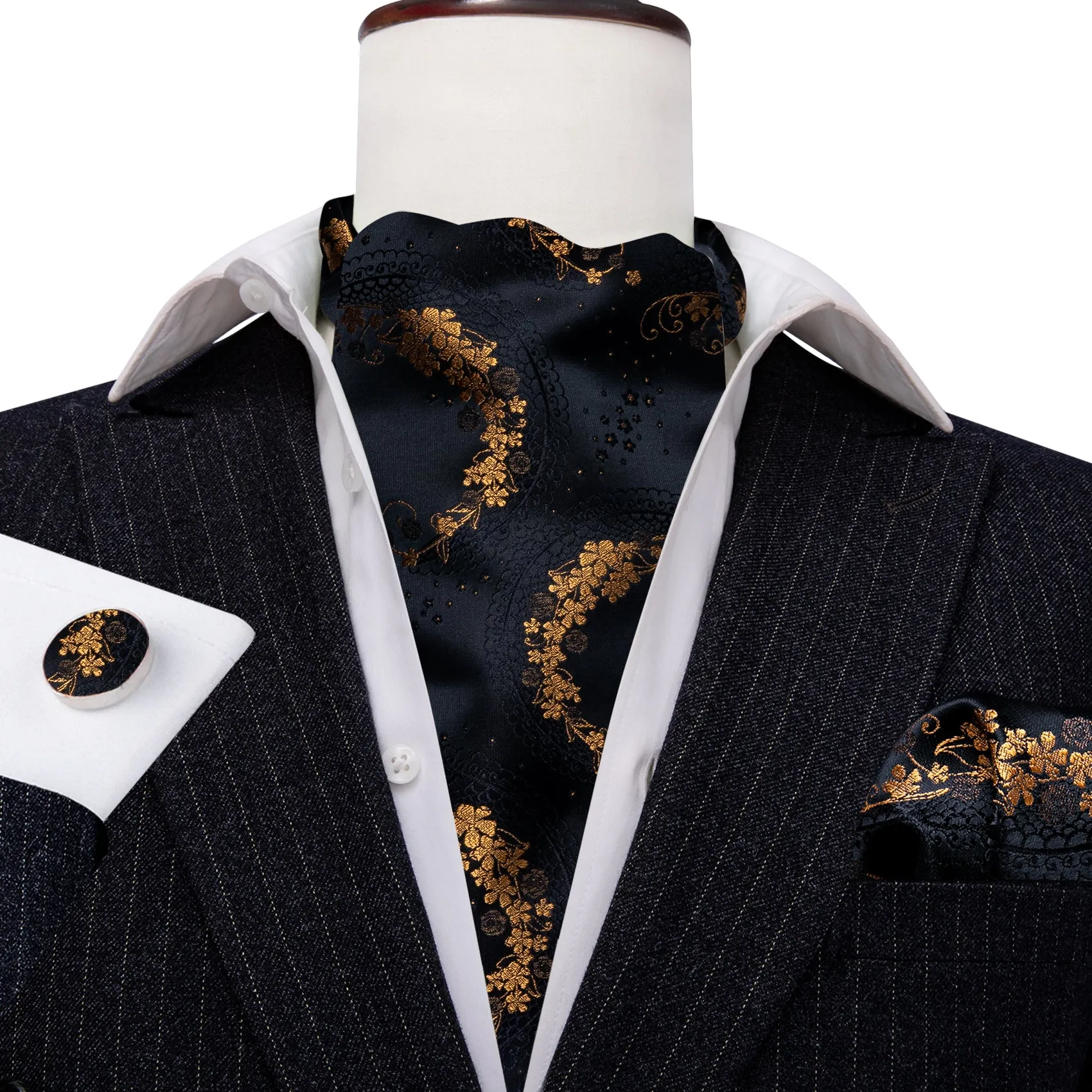 Barry. Wang Men Tie Black Gold Paisley Ascot Handkerchief Cufflinks Set sold by Barrywang product image thumbnail 5