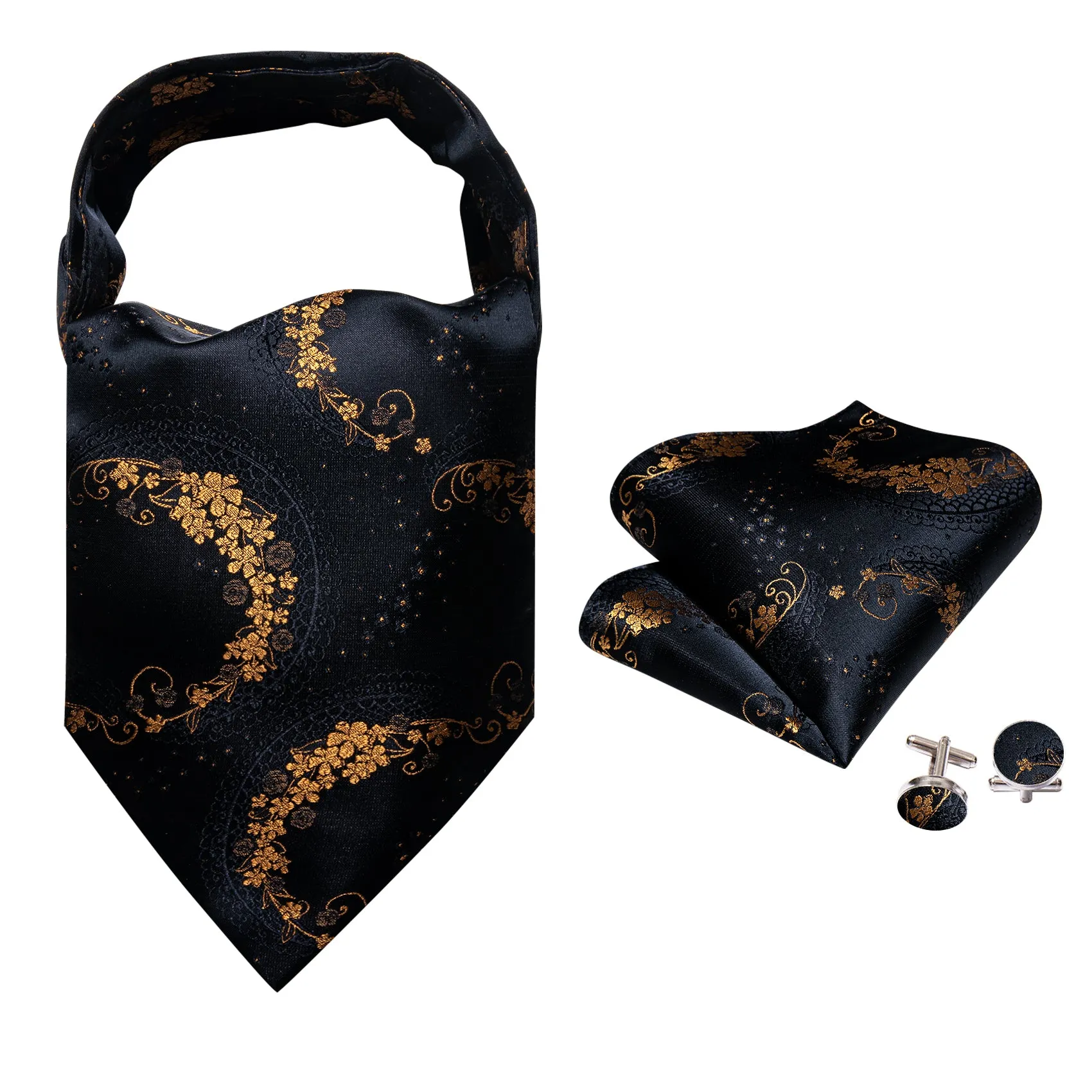 Barry. Wang Men Tie Black Gold Paisley Ascot Handkerchief Cufflinks Set sold by Barrywang product image thumbnail 4