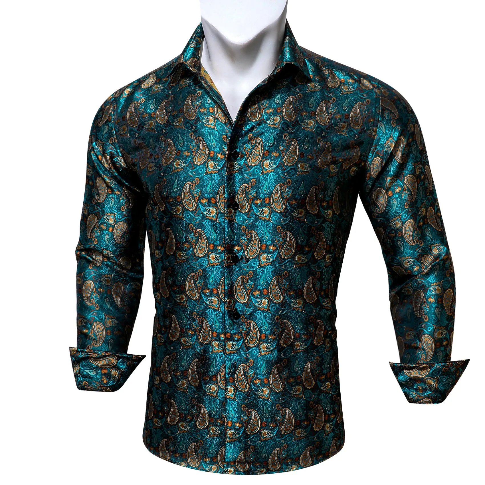 Barry Wang Long Sleeve Shirt Teal Coral Paisley Silk Men's Shirt sold by Barrywang product image thumbnail 4