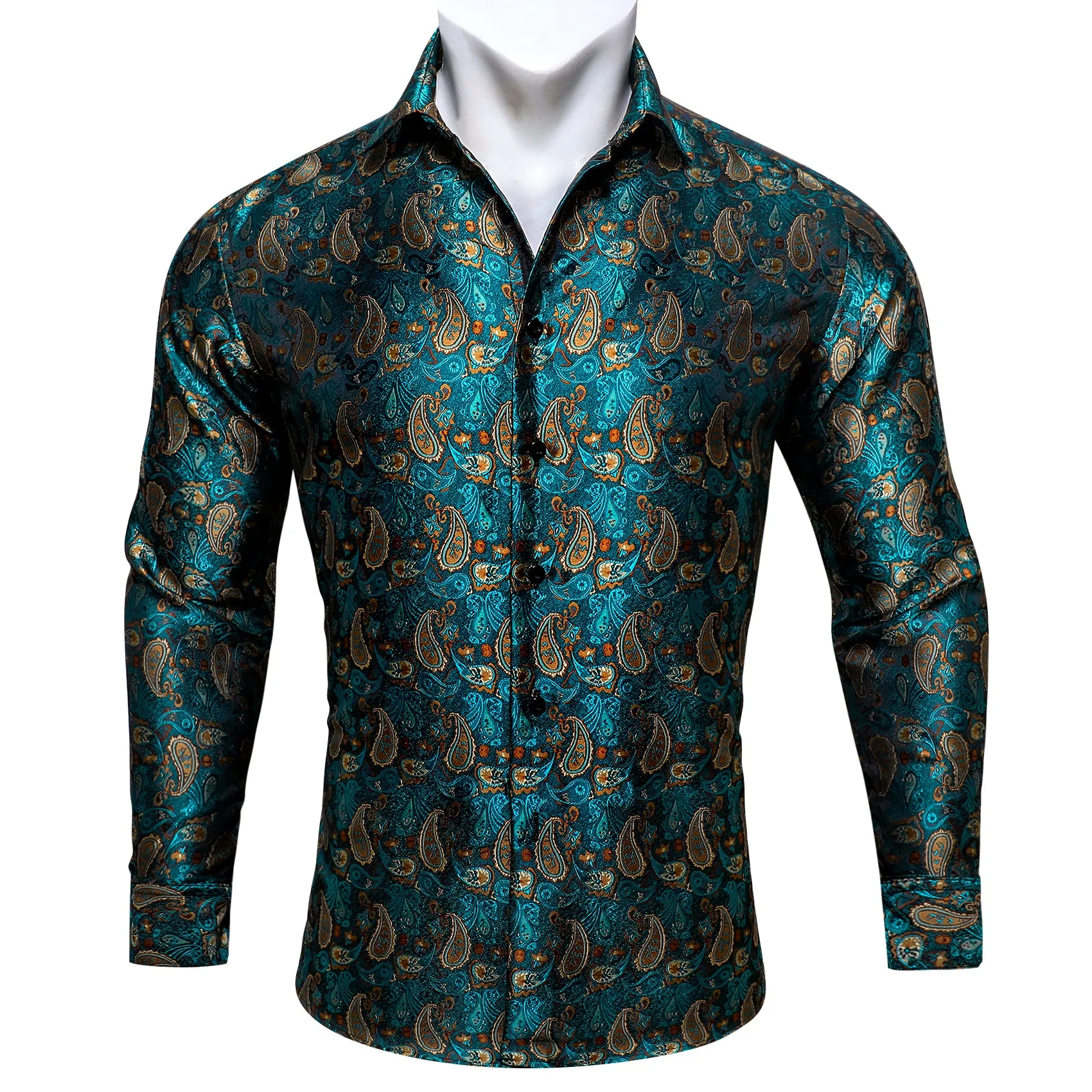 Barry Wang Long Sleeve Shirt Teal Coral Paisley Silk Men's Shirt sold by Barrywang