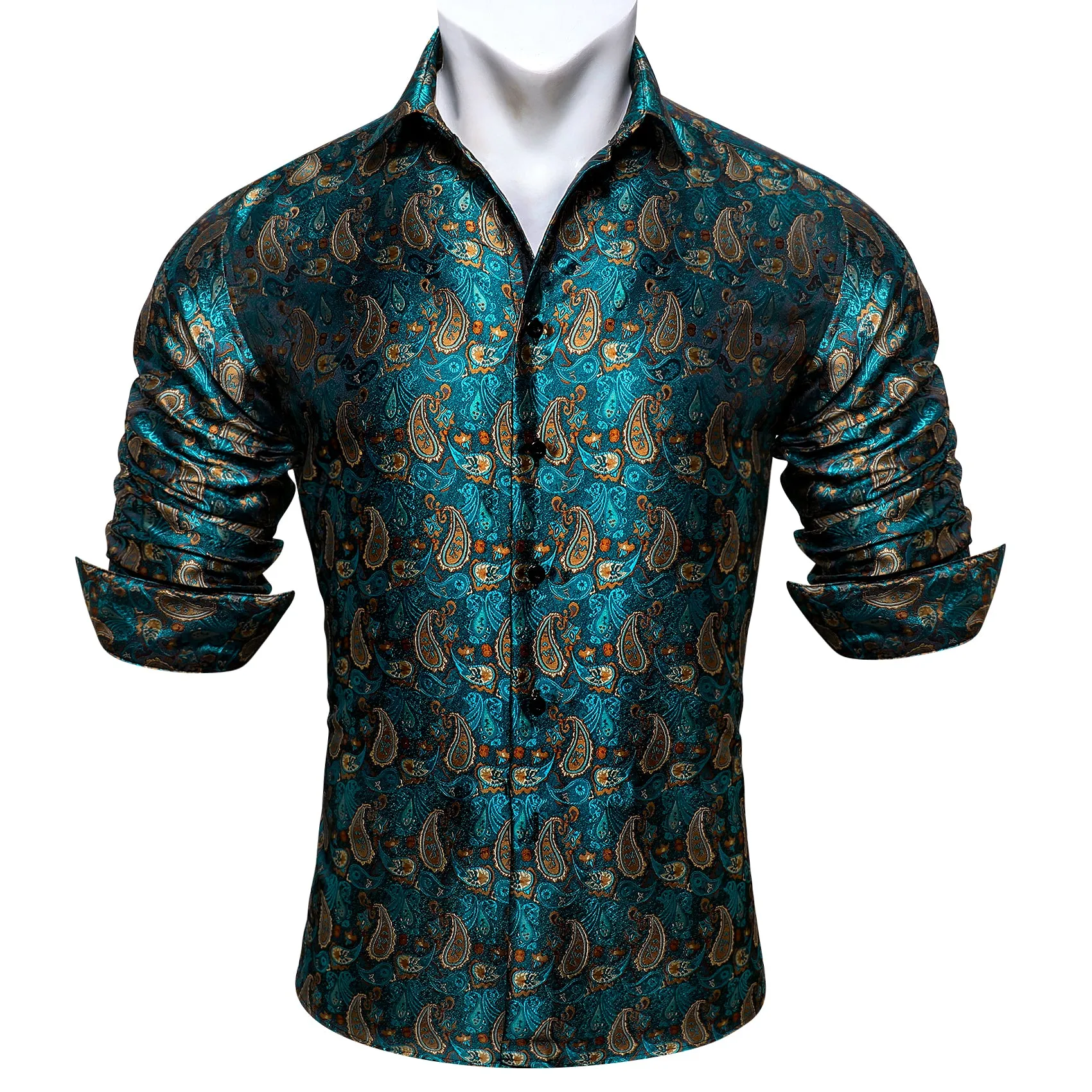 Barry Wang Long Sleeve Shirt Teal Coral Paisley Silk Men's Shirt sold by Barrywang product image thumbnail 5