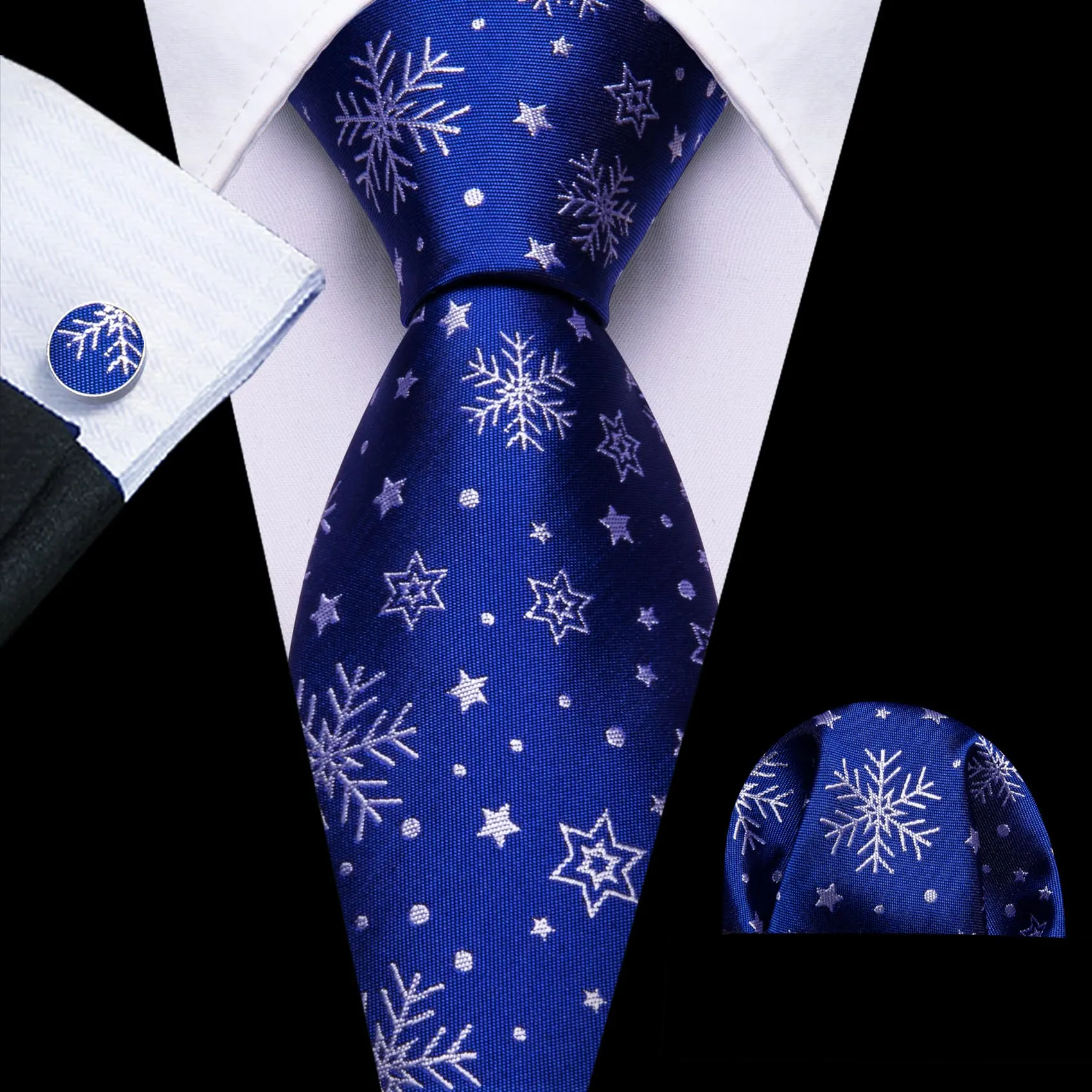 Barry Wang Snowflake Necktie Blue White Men's Tie Hanky Cufflinks Set sold by Barrywang