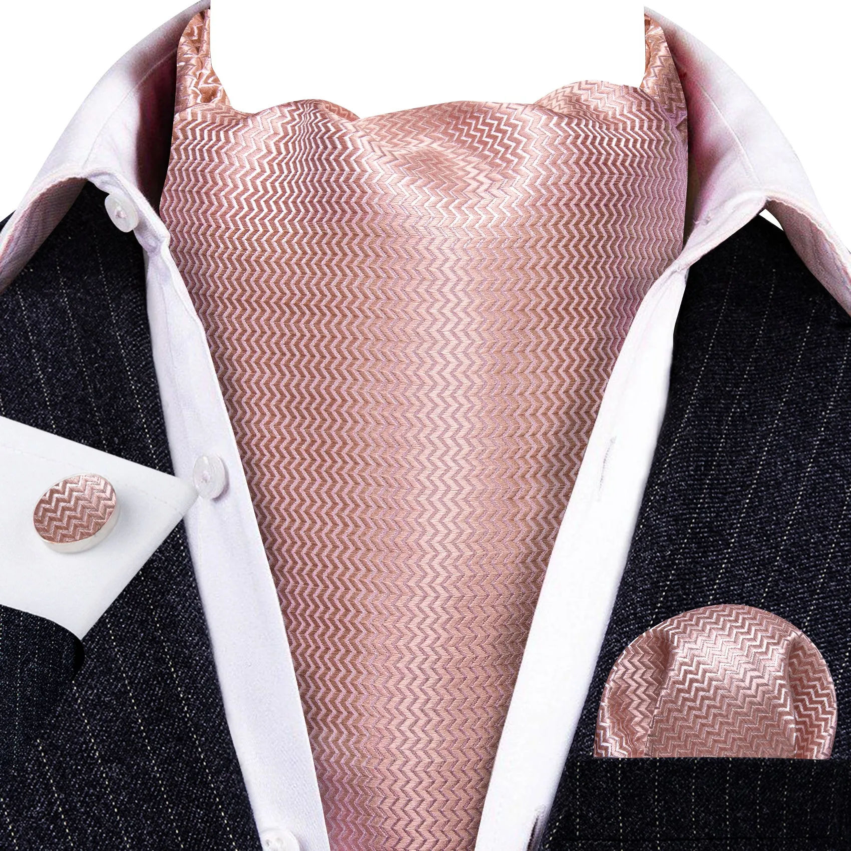Pink Solid Silk Ascot Tie Handkerchief Cufflinks Set sold by Barrywang product image thumbnail 2