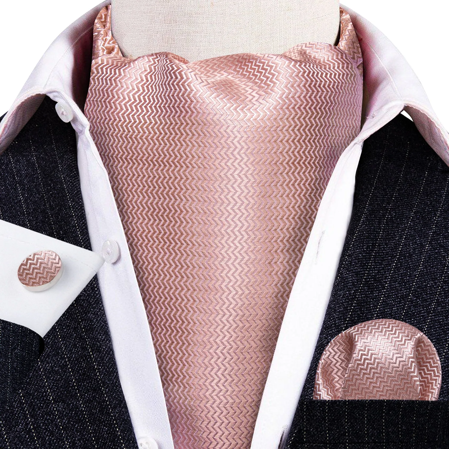Pink Solid Silk Ascot Tie Handkerchief Cufflinks Set sold by Barrywang