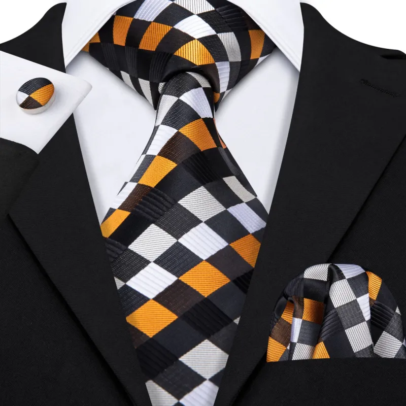 Barry Wang Orange Black White Plaid Silk Men's Tie Hanky Cufflinks Set sold by Barrywang