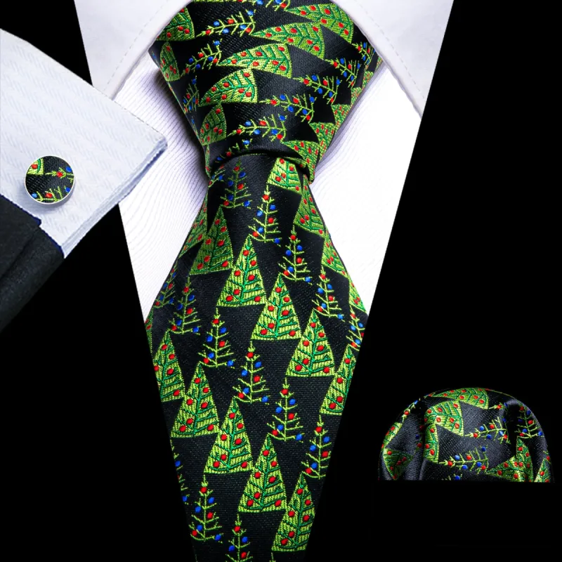 Barry. Wang Christmas Black Green Tree Tie Handkerchief Cufflinks Set sold by Barrywang