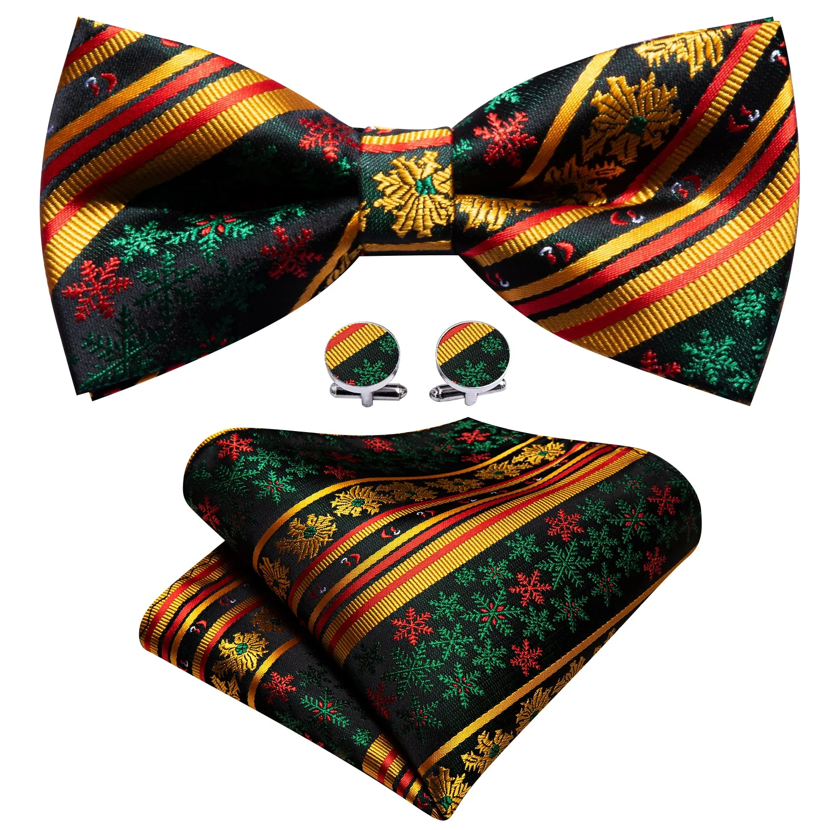 Barry Wang Christmas Tie Gold Green Snowflake Men Pre Tied Bow Tie Set sold by Barrywang