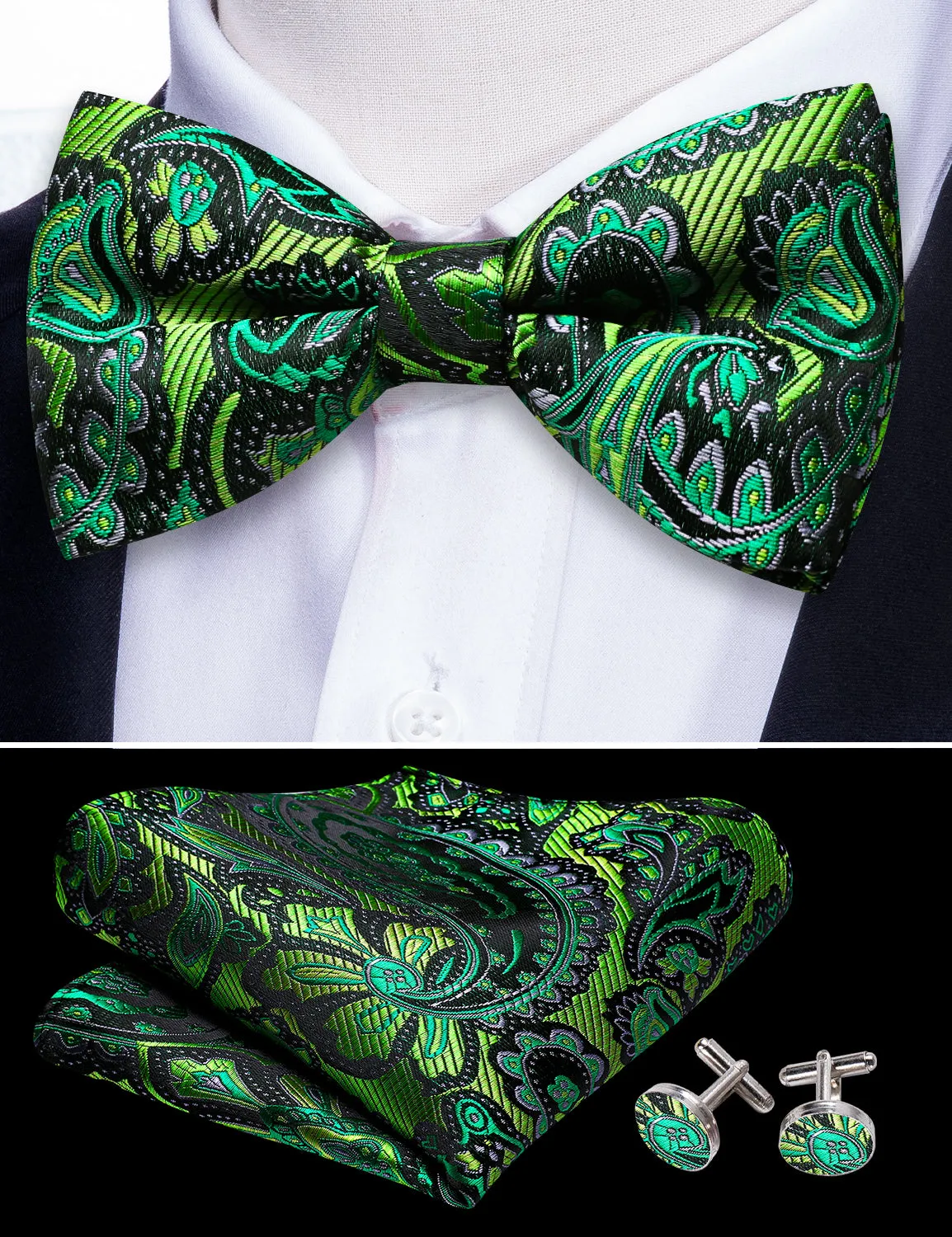 Barry. Wang Green Paisley Bow Tie Hanky Cufflinks Set sold by Barrywang product image thumbnail 4