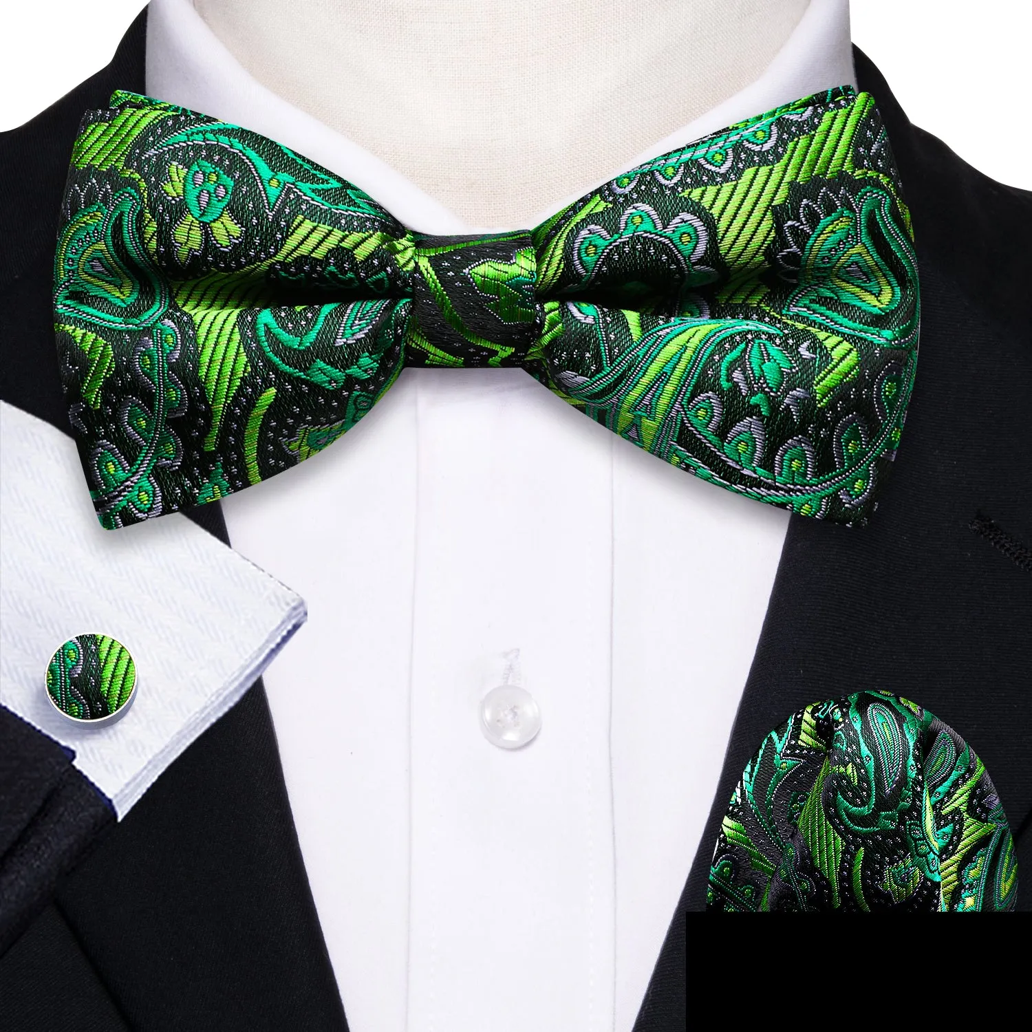 Barry. Wang Green Paisley Bow Tie Hanky Cufflinks Set sold by Barrywang