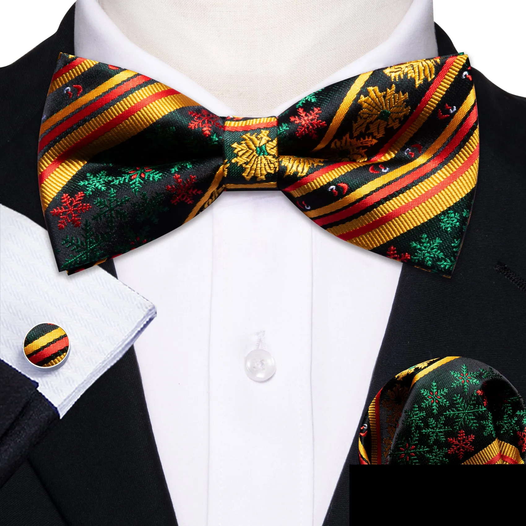 Barry Wang Christmas Tie Gold Green Snowflake Men Pre Tied Bow Tie Set sold by Barrywang product image thumbnail 2