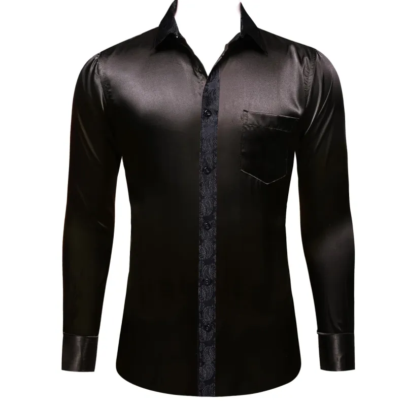 Barry. Wang Black Shirt with Black Paisley Collar Button Up Satin Shirt sold by Barrywang