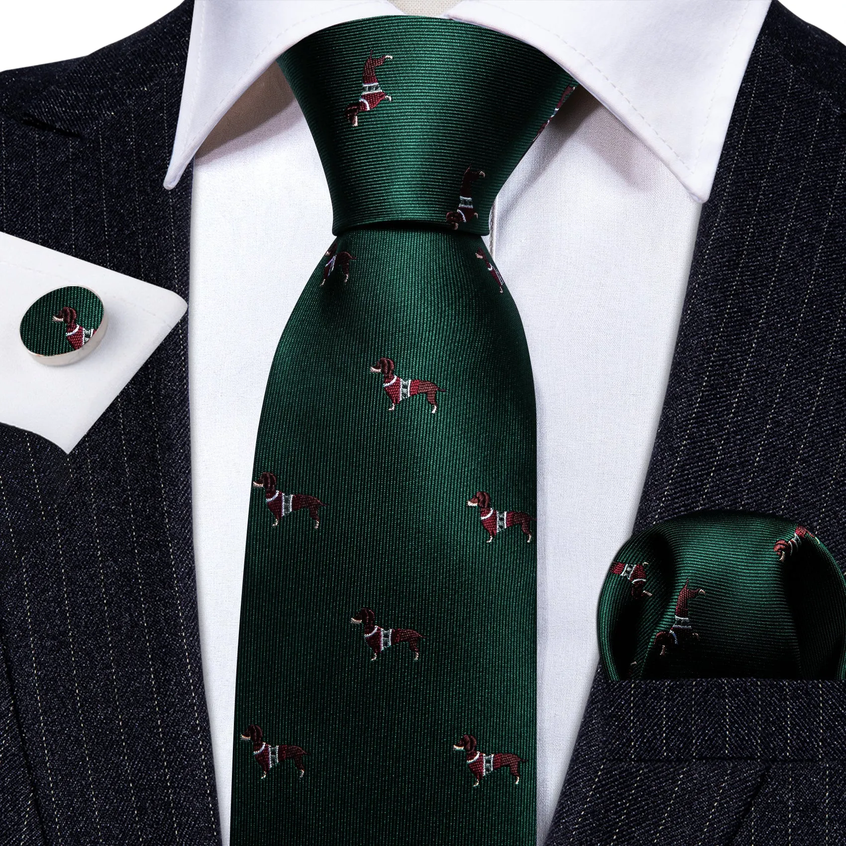 Barry Wang Jungle Green Necktie Dog Print Silk Tie Hanky Cufflinks Set sold by Barrywang product image thumbnail 2
