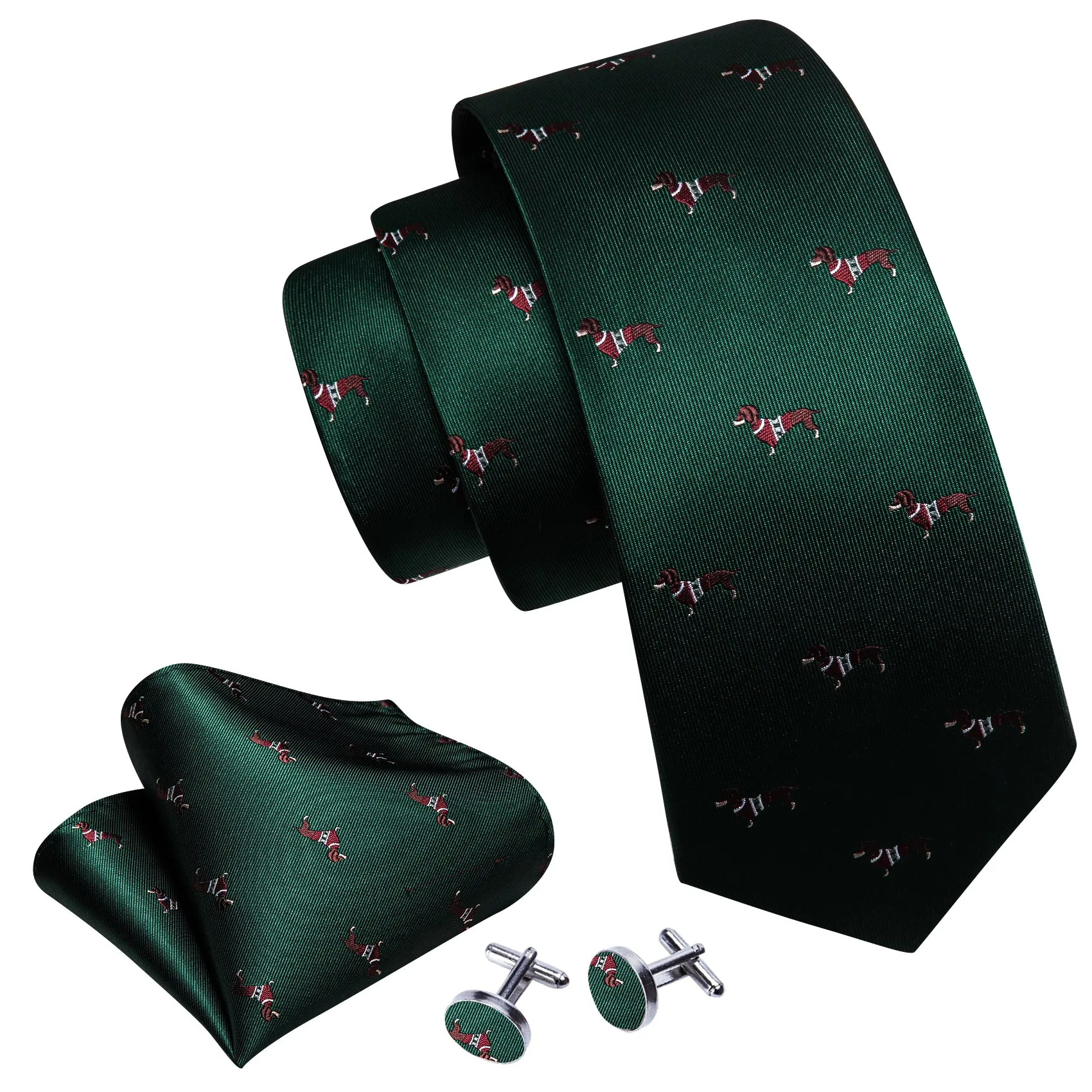 Barry Wang Jungle Green Necktie Dog Print Silk Tie Hanky Cufflinks Set sold by Barrywang product image thumbnail 5