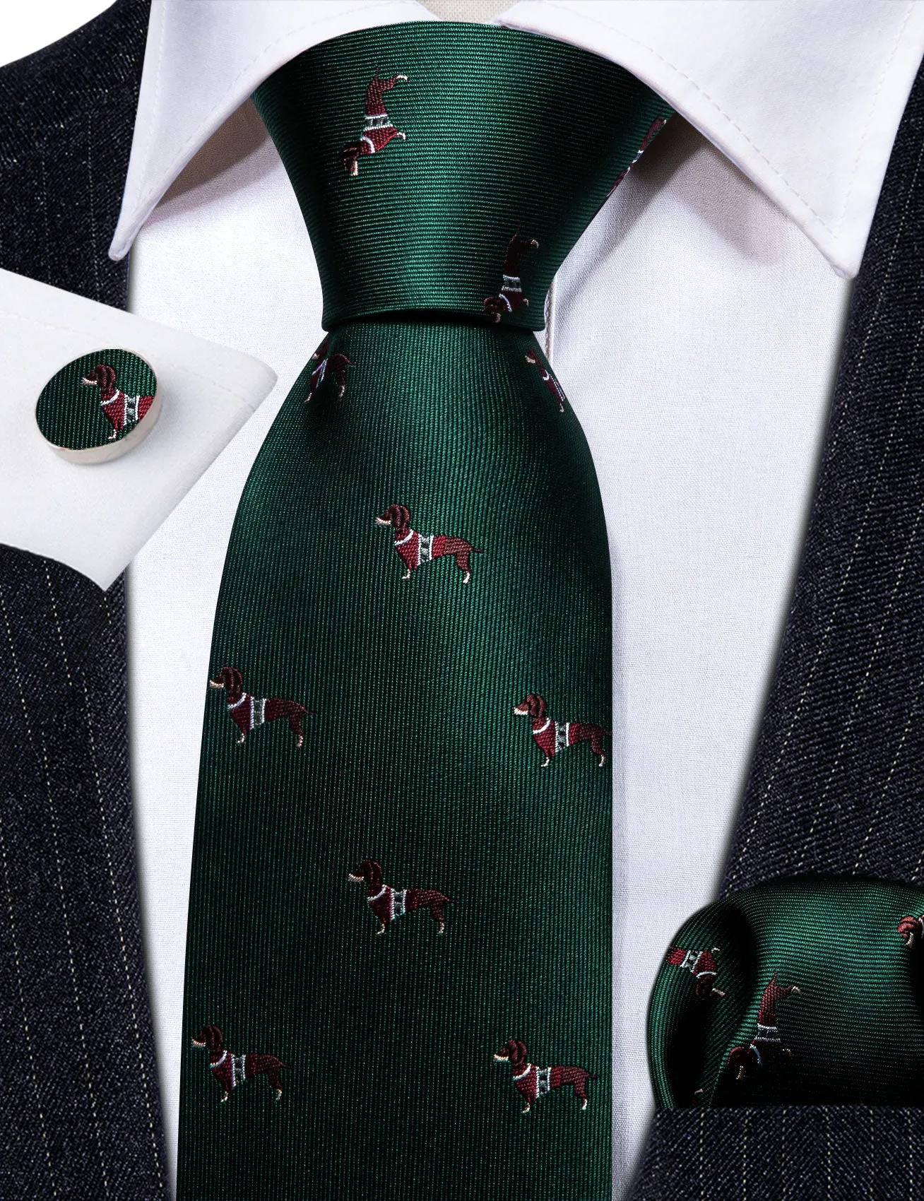 Barry Wang Jungle Green Necktie Dog Print Silk Tie Hanky Cufflinks Set sold by Barrywang product image thumbnail 4