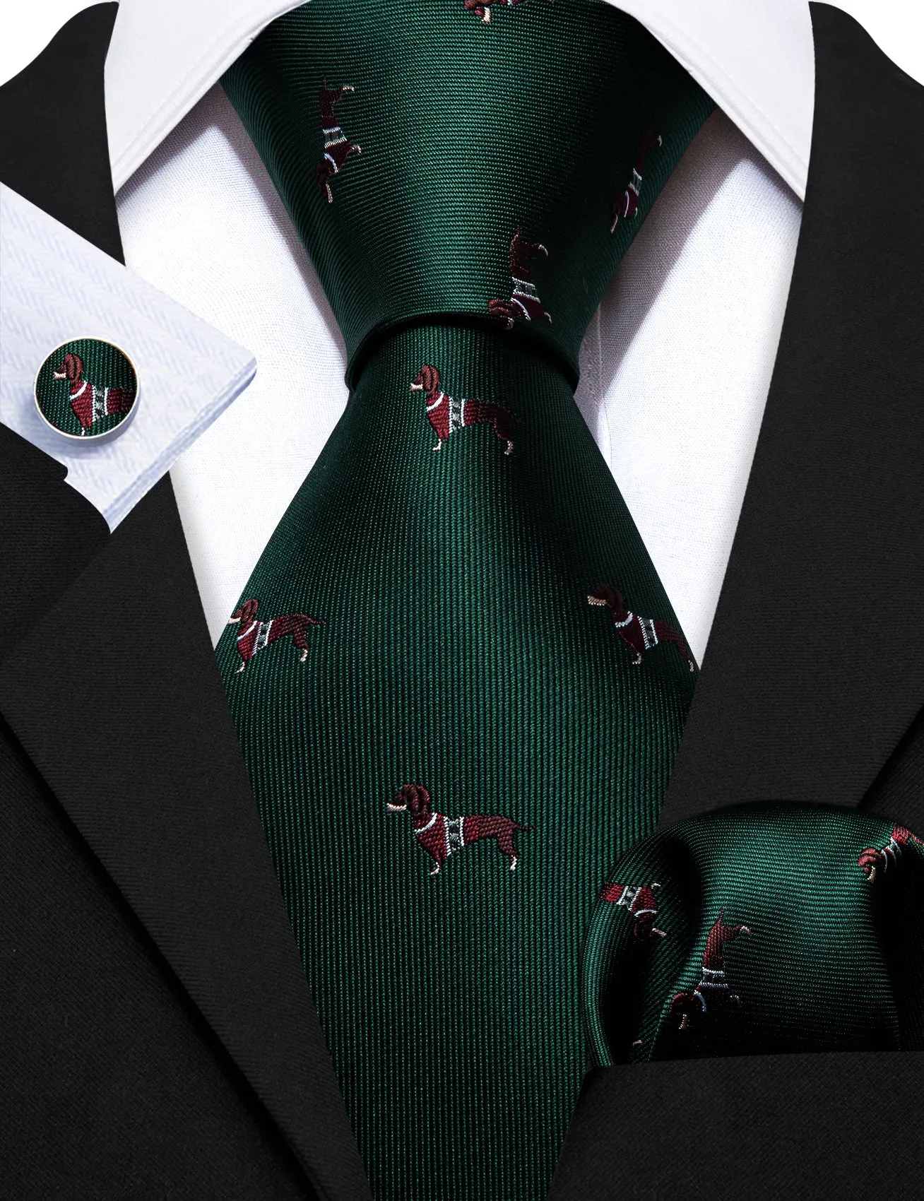 Barry Wang Jungle Green Necktie Dog Print Silk Tie Hanky Cufflinks Set sold by Barrywang product image thumbnail 3