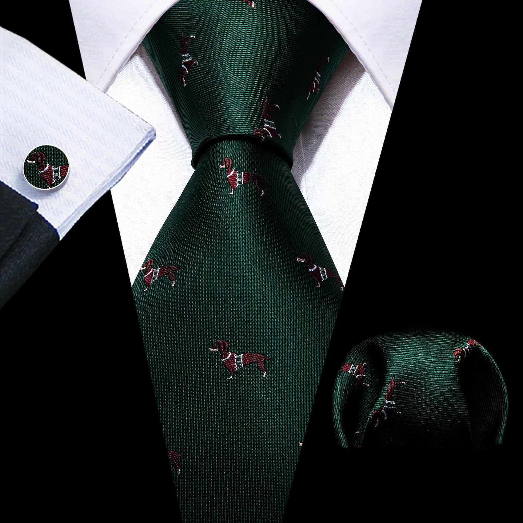 Barry Wang Jungle Green Necktie Dog Print Silk Tie Hanky Cufflinks Set sold by Barrywang