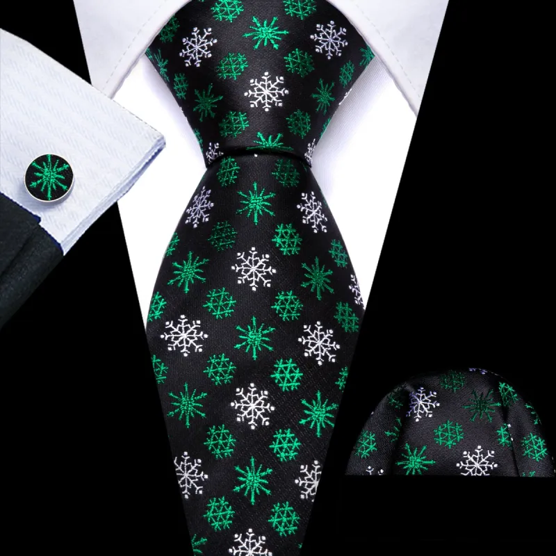 Barry Wang Christmas Tie Black Green White Snowflake Silk Necktie Set sold by Barrywang