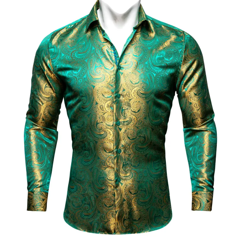 Barry. Wang Button Down Shirt Green Gold Paisley Silk Men's Shirt sold by Barrywang