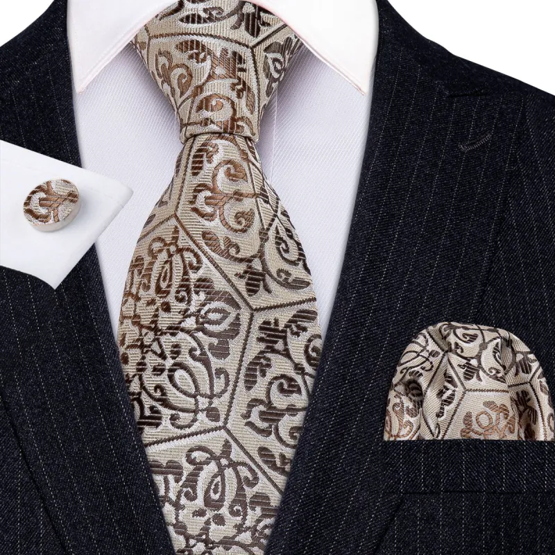 Barry Wang Champagne Brown Floral Silk Tie Pocket Square Cufflinks Set sold by Barrywang