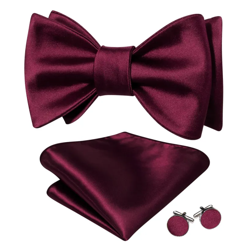 Barry Wang Maroon Red Tie Mens Self-Tied Bowtie Hanky Cufflinks Set sold by Barrywang