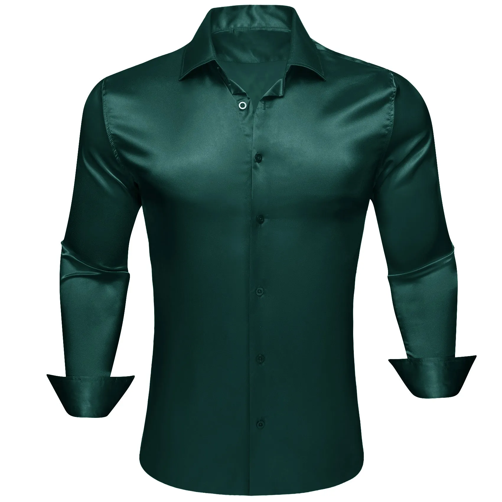 Barry.wang Dark Green Solid Silk Men's Long Sleeve Shirt sold by Barrywang