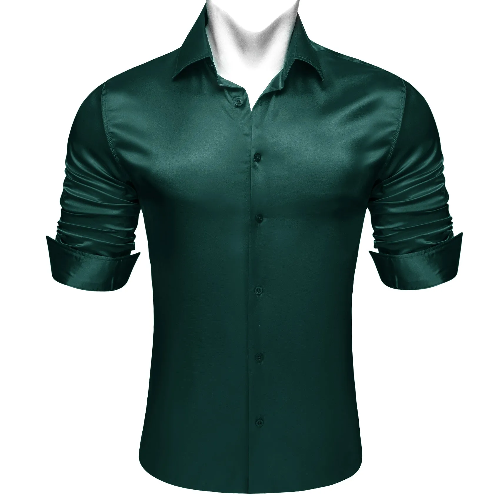 Barry.wang Dark Green Solid Silk Men's Long Sleeve Shirt sold by Barrywang product image thumbnail 2