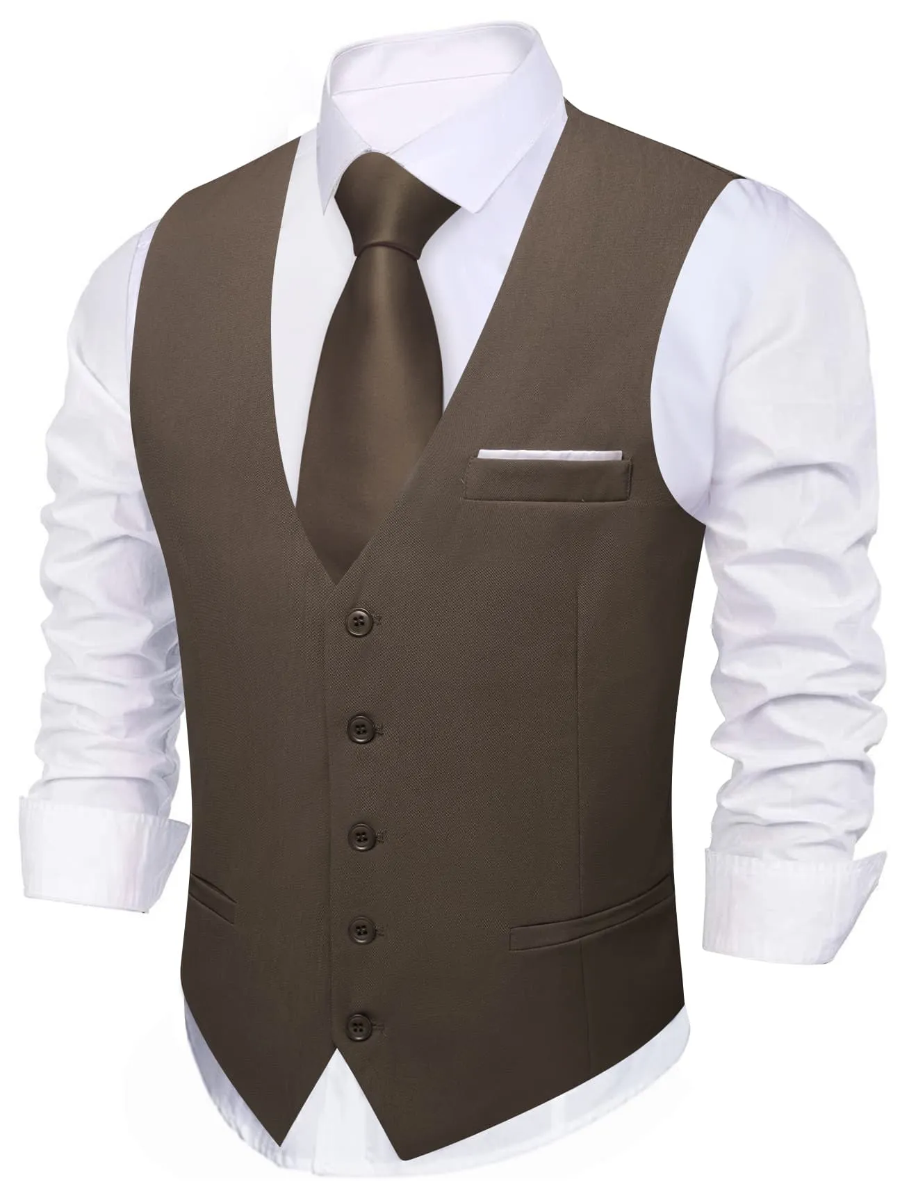 Barry. Wang Wedding Vest Solid Light Brown Button Up V-Neck Waistcoat sold by Barrywang product image thumbnail 4