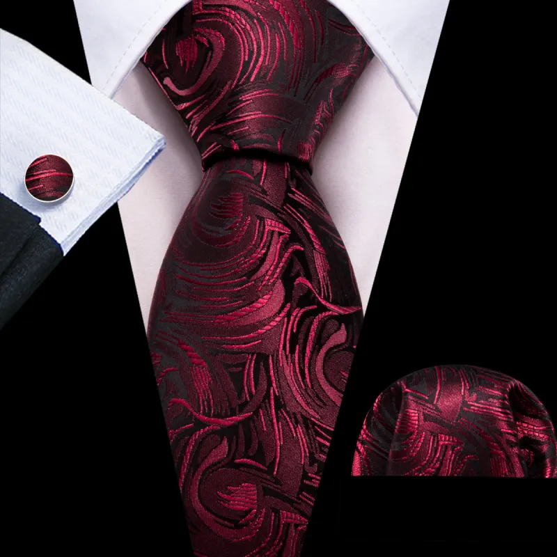 Barry Wang Burgundy Red Paisley Silk Tie Pocket Square Cufflinks Set sold by Barrywang