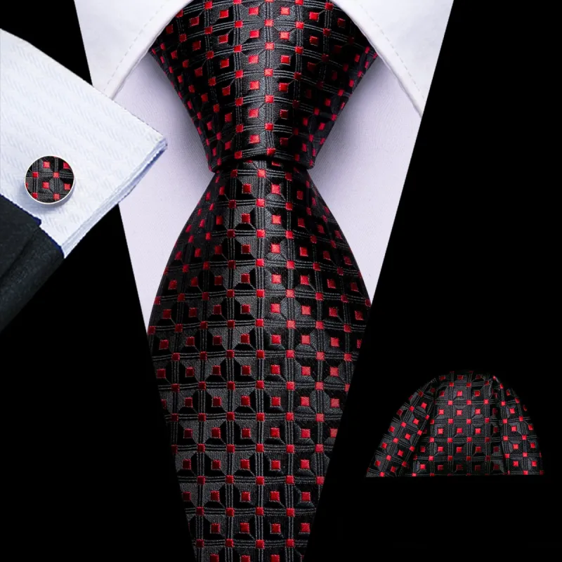 Barry. Wang Black Tie Red Jacquard Red Polka Dots Men's Wedding Tie Set sold by Barrywang