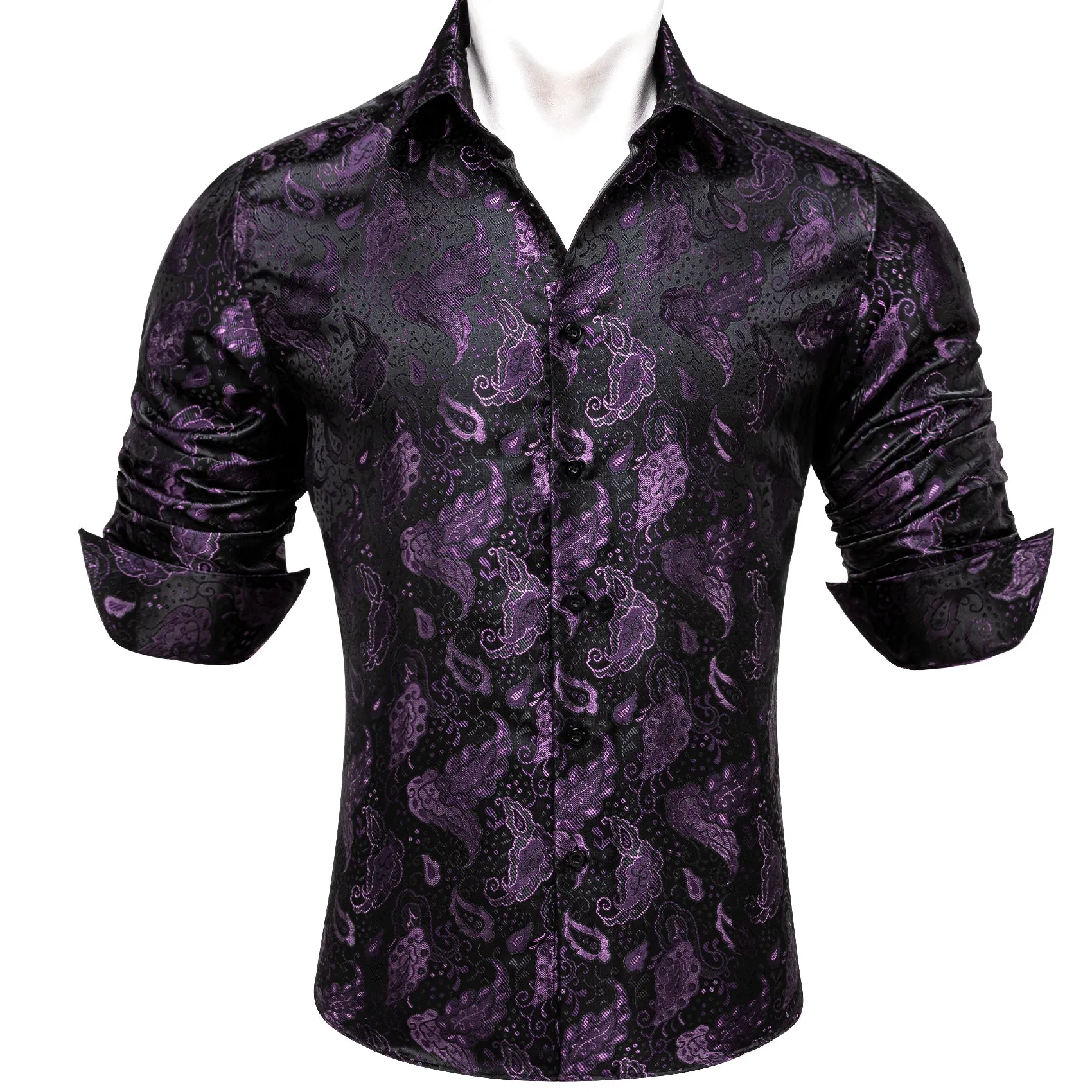 Barry Wang Black Shirt Purple Jacquard Paisley Men's Dress Shirt sold by Barrywang product image thumbnail 3