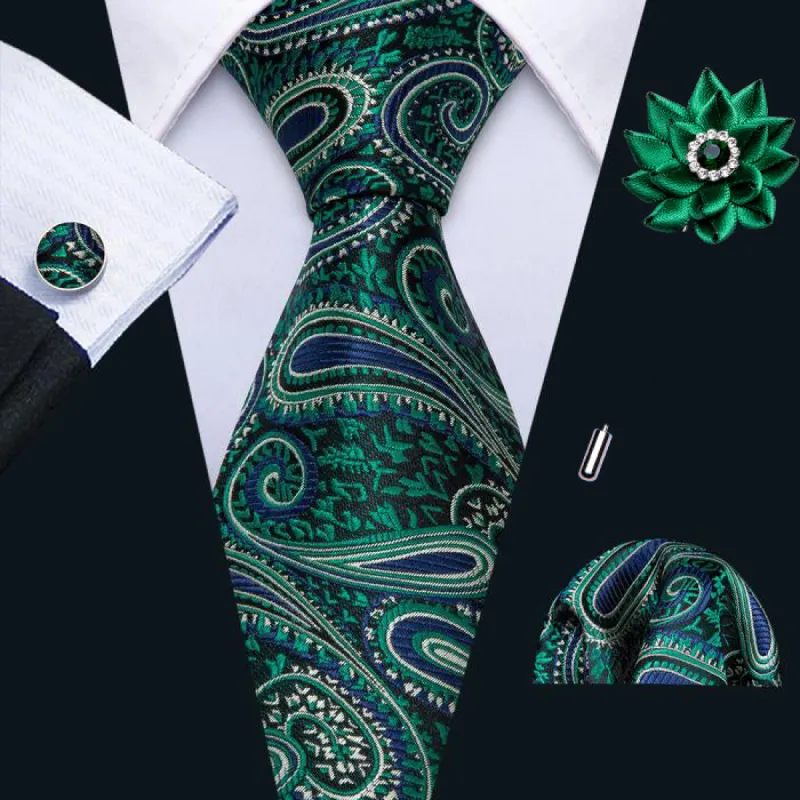 Barry. Wang Green Tie Paisley Silk Men's Tie Pocket Square Cufflinks Set with Brooches sold by Barrywang