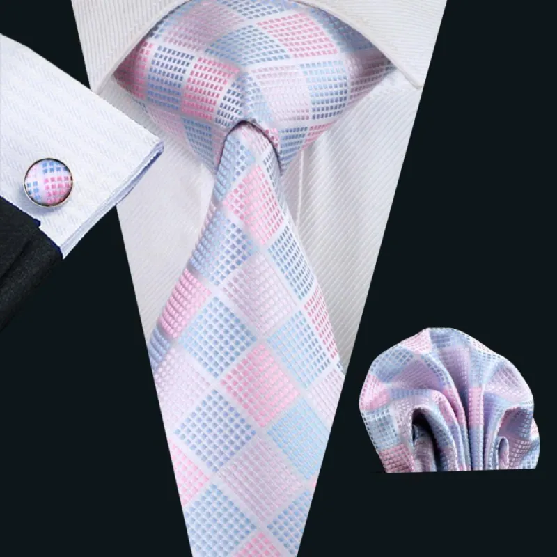Barry. Wang Sky-blue Tie Pink Plaid Necktie Pocket Square Cufflinks Set sold by Barrywang
