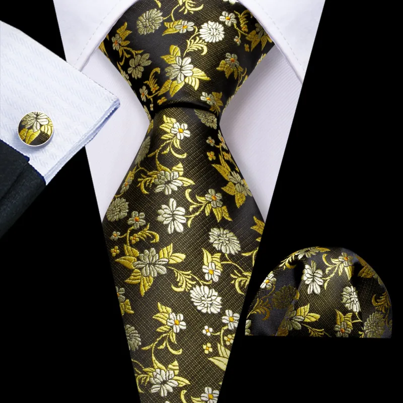 Barry Wang Shining Yellow Flower Silk Tie Handkerchief Cufflinks Set sold by Barrywang