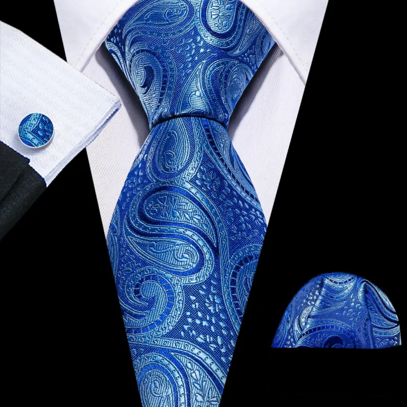 Barry Wang Royal Blue Men's Tie Paisley Silk Tie Hanky Cufflinks Set sold by Barrywang