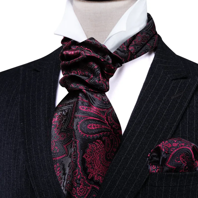 Barry Wang Black Maroon Paisley Silk Ascot Handkerchief Cufflinks Set sold by Barrywang