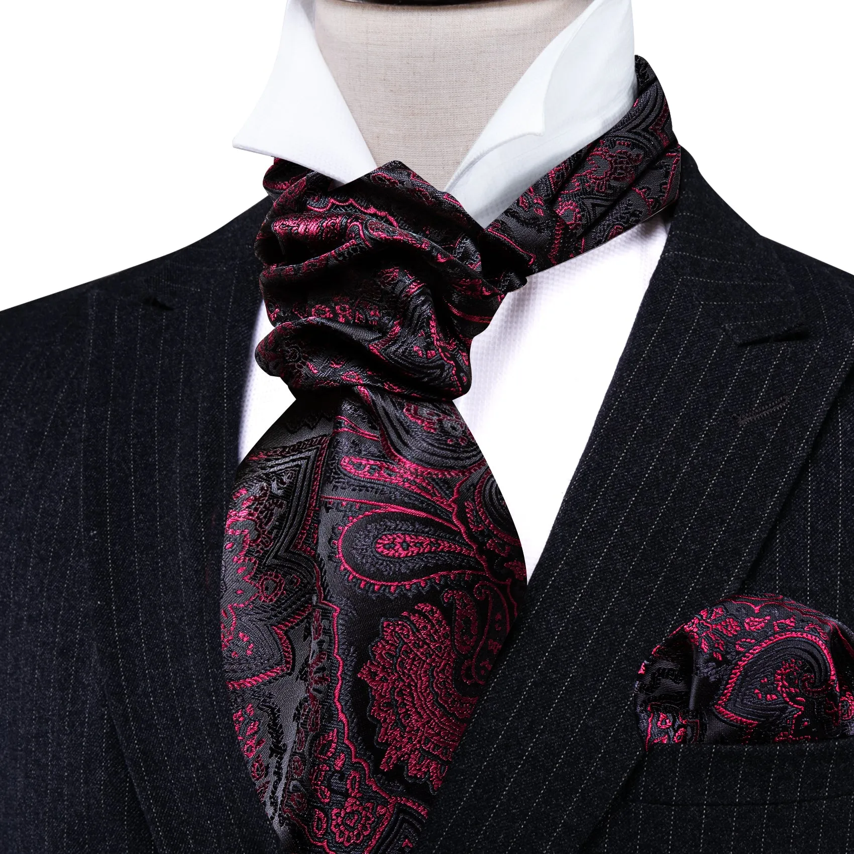 Barry Wang Black Maroon Paisley Silk Ascot Handkerchief Cufflinks Set sold by Barrywang