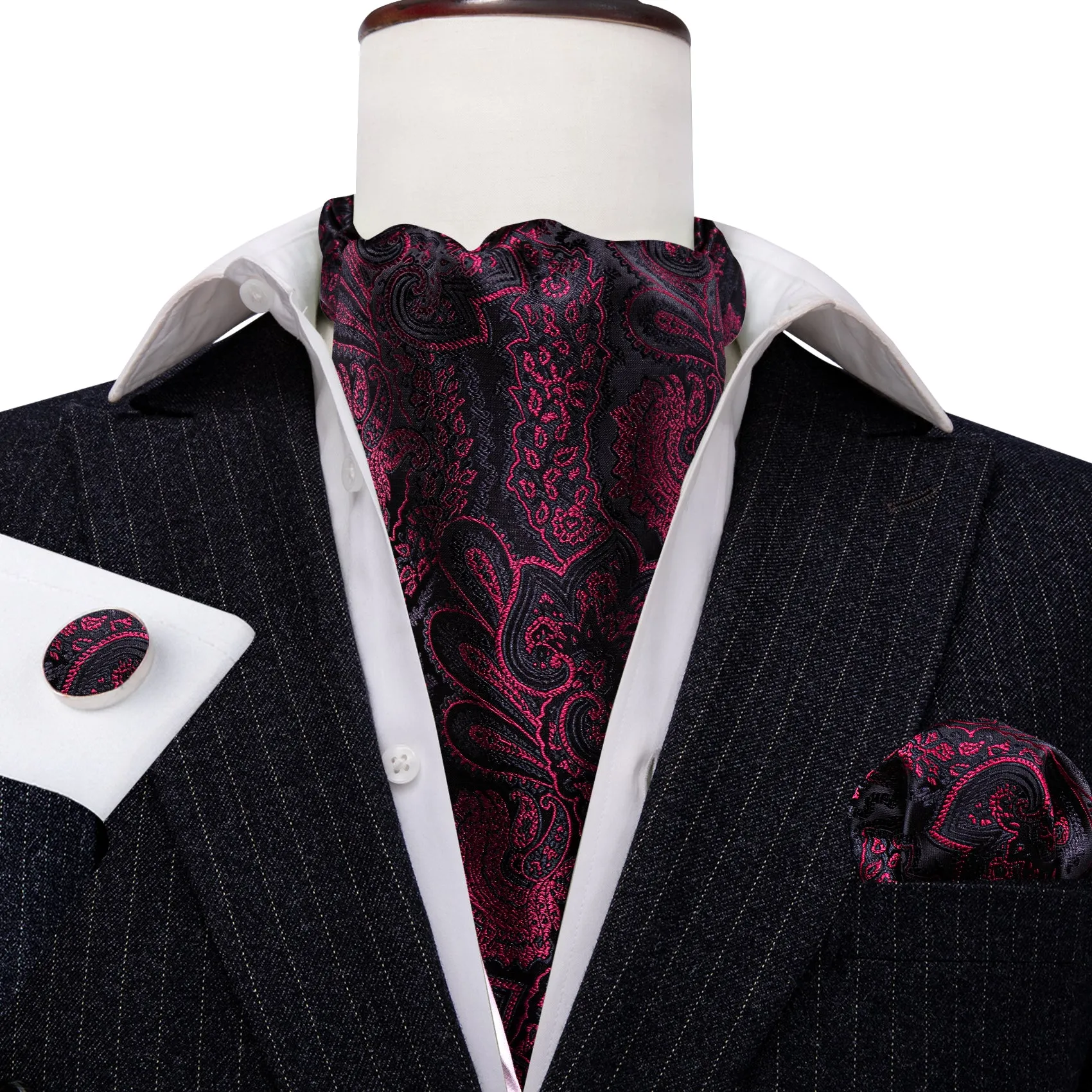 Barry Wang Black Maroon Paisley Silk Ascot Handkerchief Cufflinks Set sold by Barrywang product image thumbnail 5