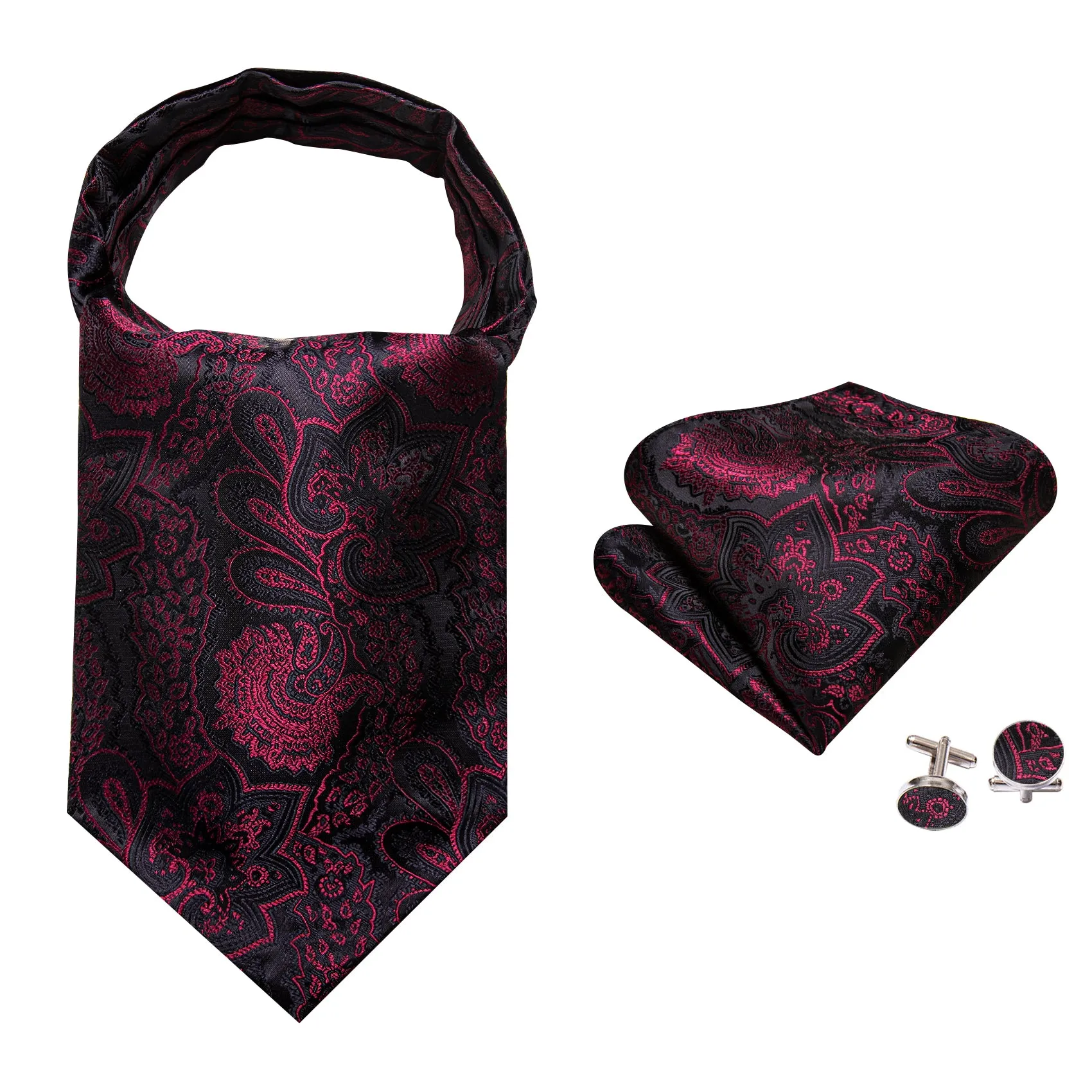 Barry Wang Black Maroon Paisley Silk Ascot Handkerchief Cufflinks Set sold by Barrywang product image thumbnail 4