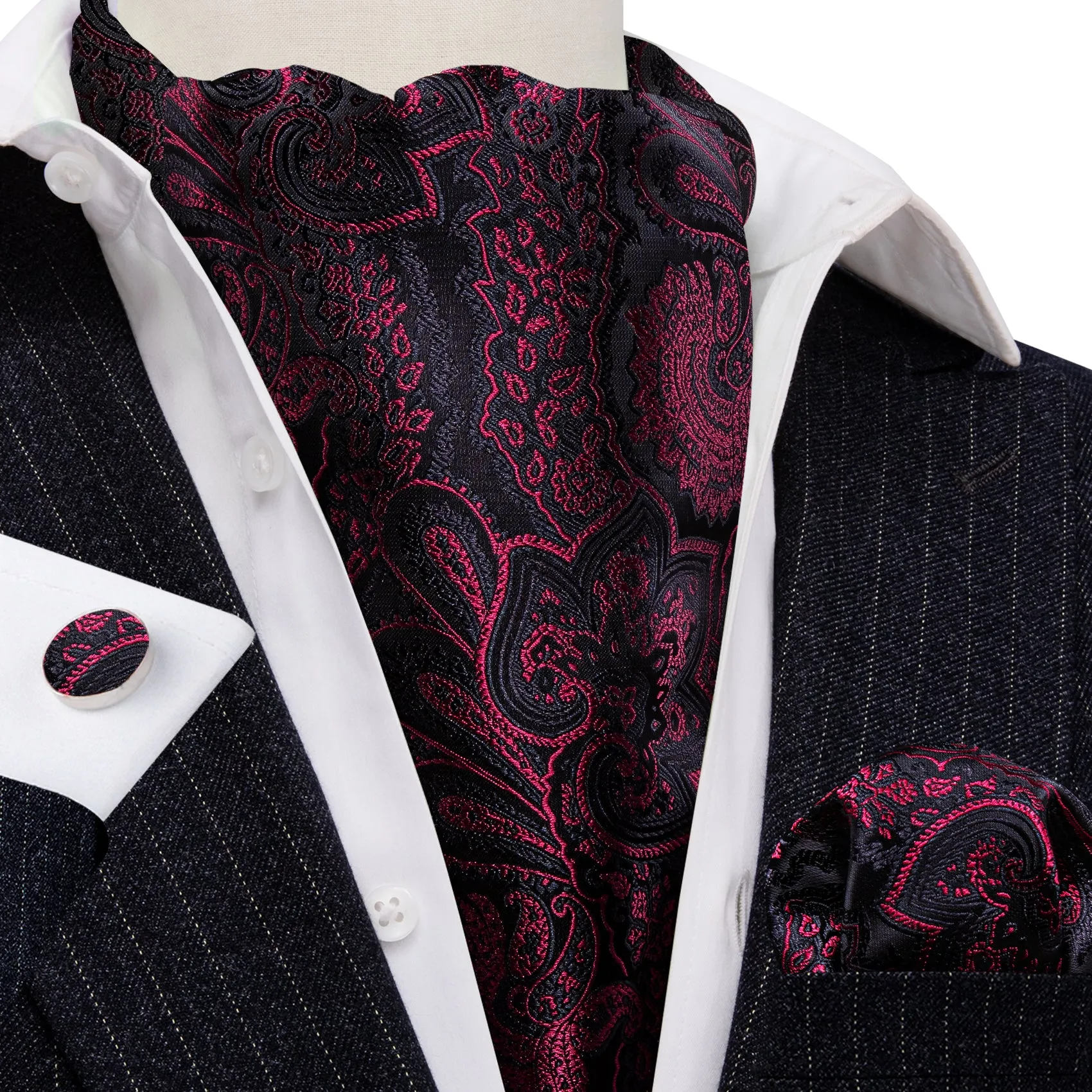 Barry Wang Black Maroon Paisley Silk Ascot Handkerchief Cufflinks Set sold by Barrywang product image thumbnail 3