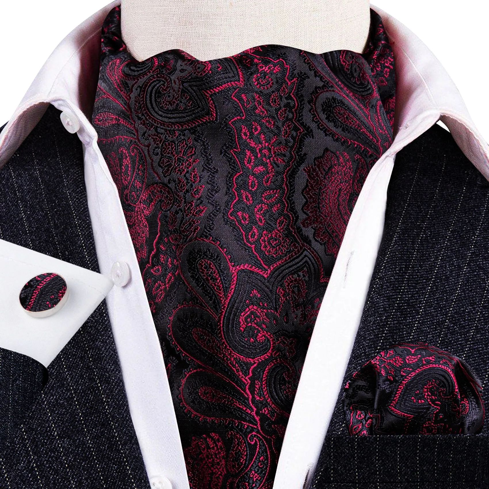 Barry Wang Black Maroon Paisley Silk Ascot Handkerchief Cufflinks Set sold by Barrywang product image thumbnail 2