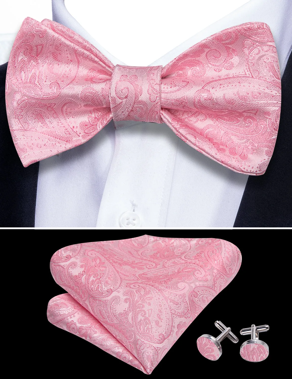 Pink Paisley Bow Tie Hanky Cufflinks Set sold by Barrywang product image thumbnail 4