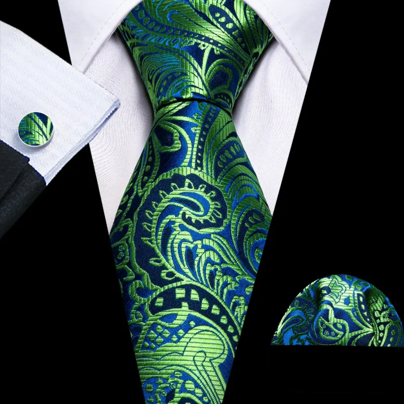 Barry. Wang Green Tie Blue Yellowgreen Paisley Silk Tie Pocket Square Cufflinks Set sold by Barrywang