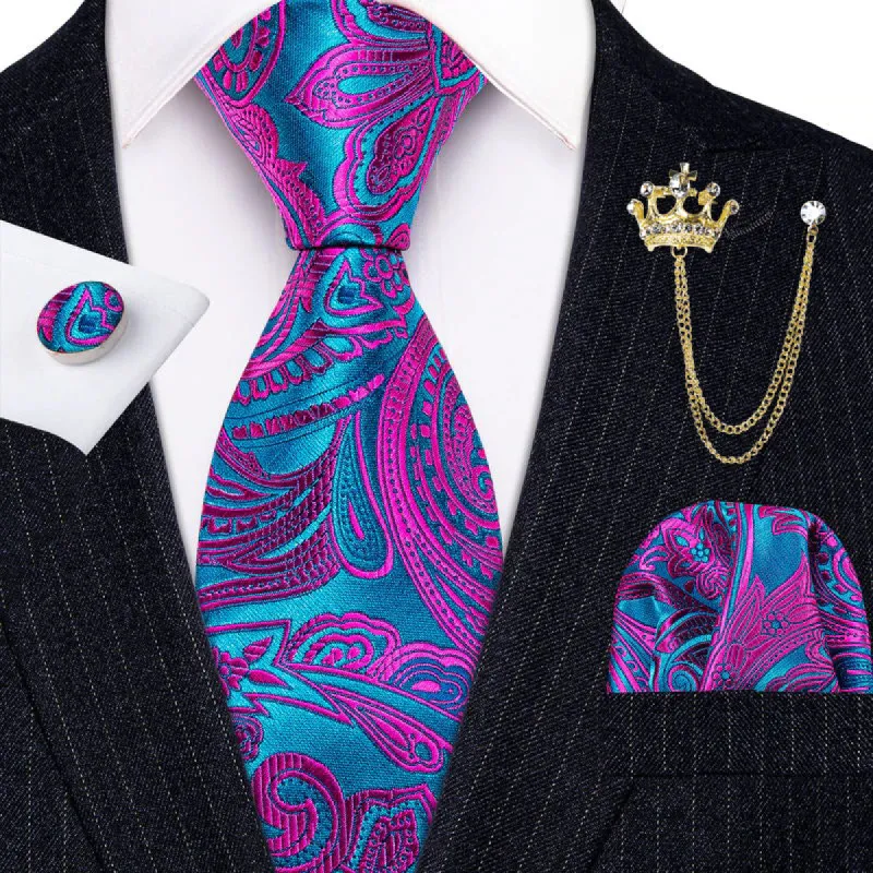 Barry Wang Purple Tie Blue Paisley Tie Hanky Cufflinks Crown Lapel Pin sold by Barrywang