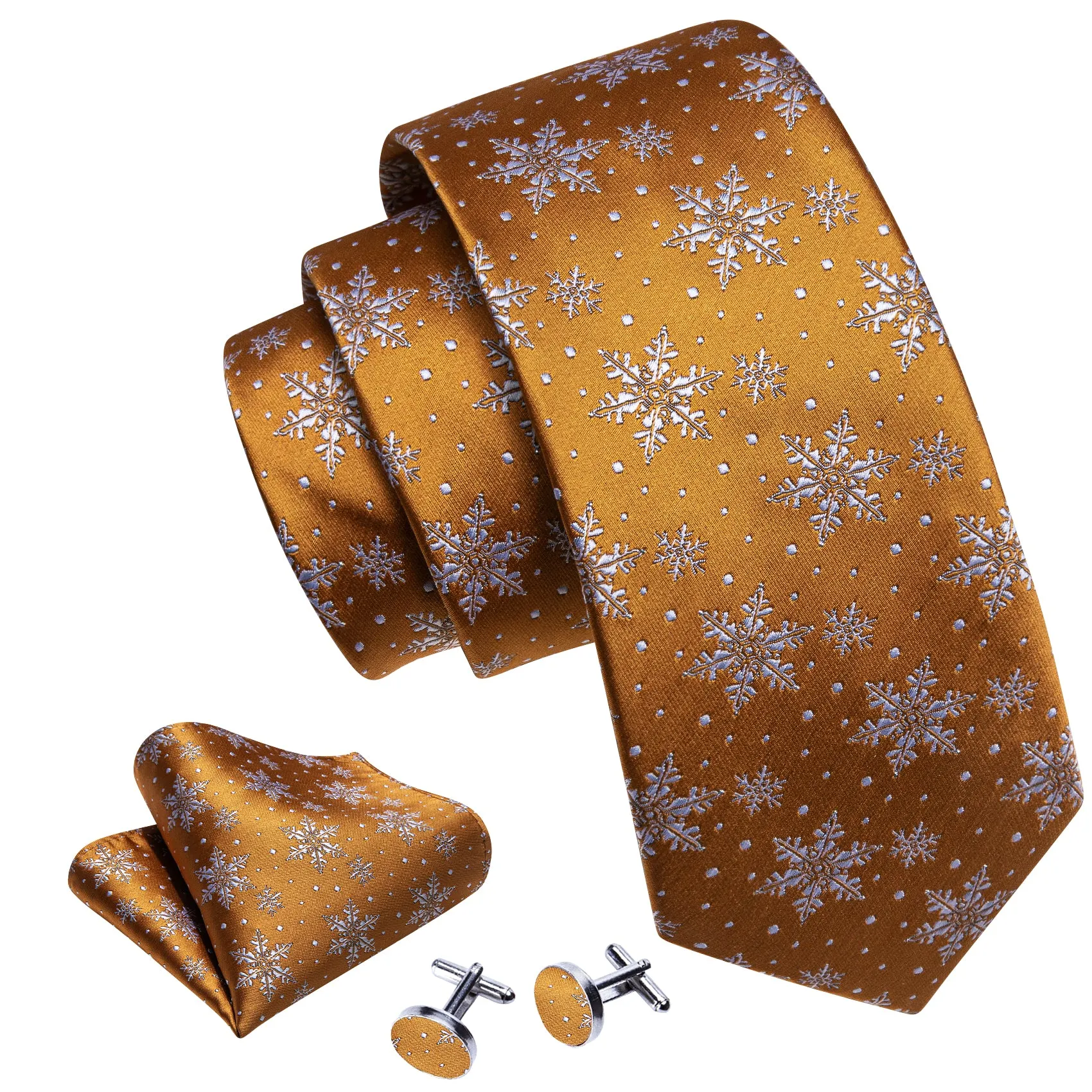 Barry Wang Christmas Tie Orange White Snowflake Tie Hanky Cufflink Set sold by Barrywang product image thumbnail 5