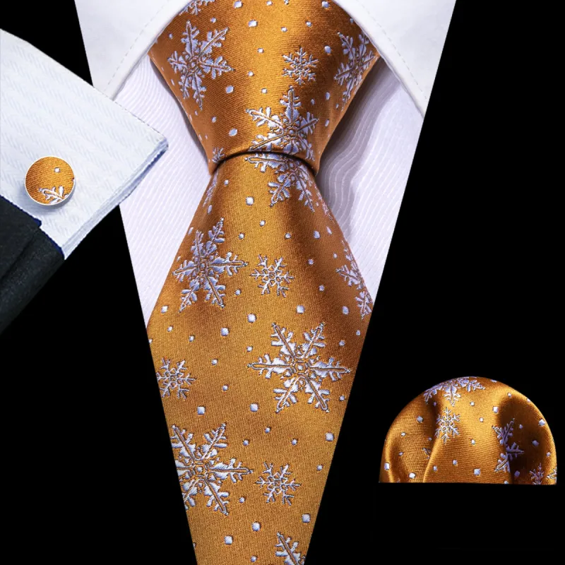 Barry Wang Christmas Tie Orange White Snowflake Tie Hanky Cufflink Set sold by Barrywang