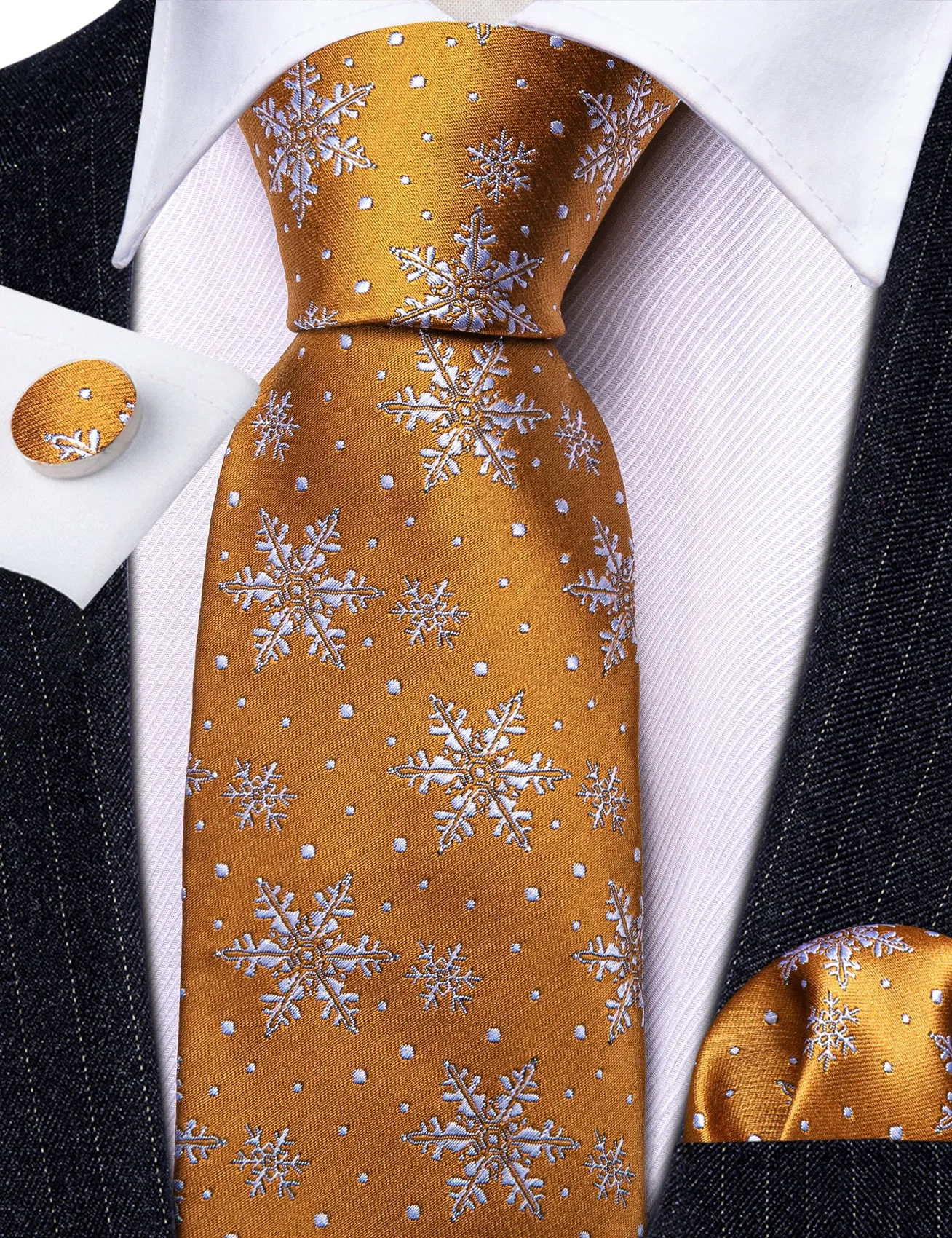 Barry Wang Christmas Tie Orange White Snowflake Tie Hanky Cufflink Set sold by Barrywang product image thumbnail 4